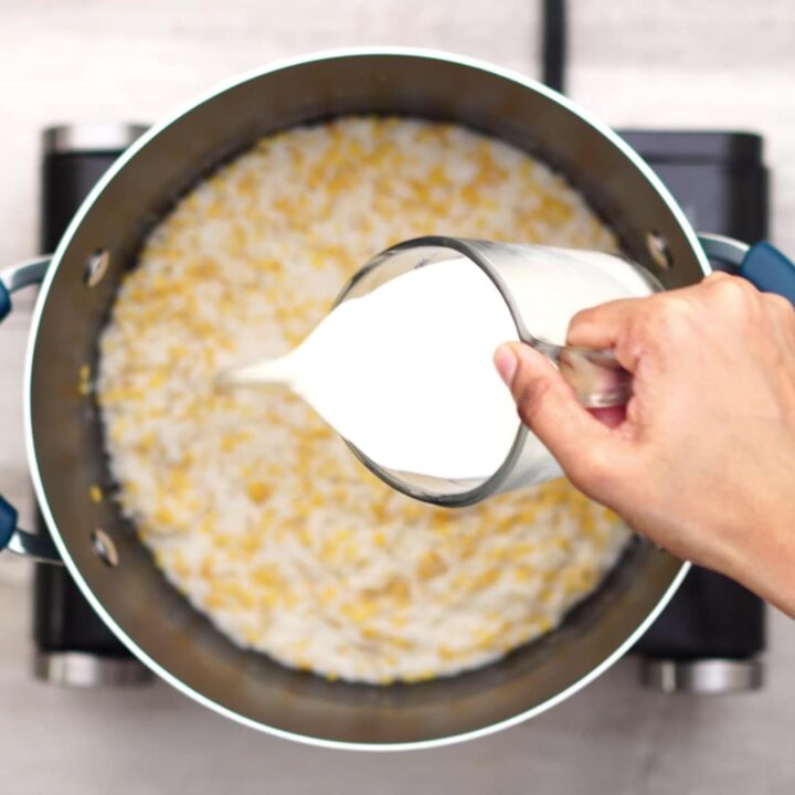 Adding milk to the rice