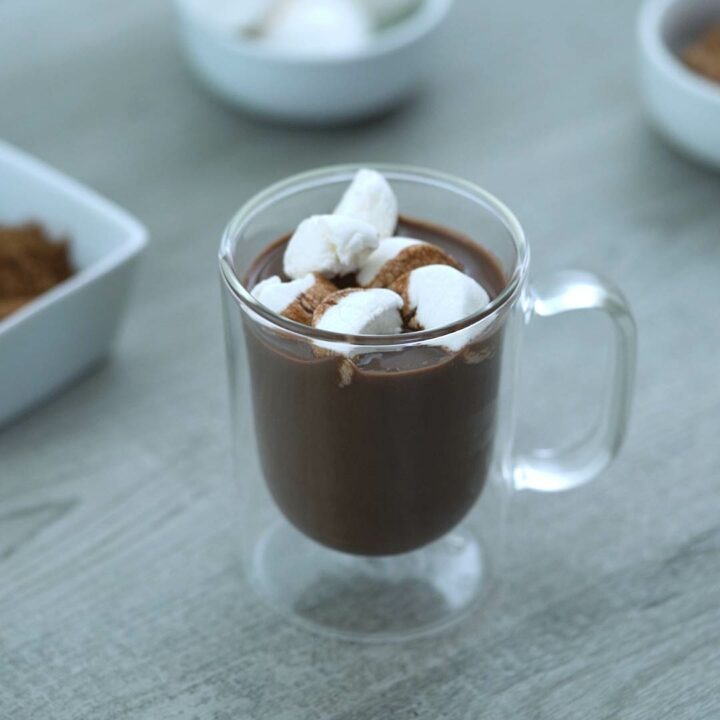 Homemade hot chocolate is served with marshmallow.
