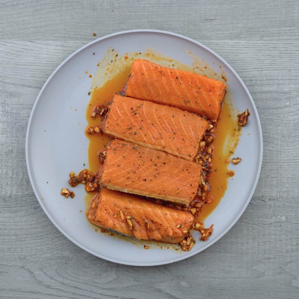 marinated salmon is rest in the plate