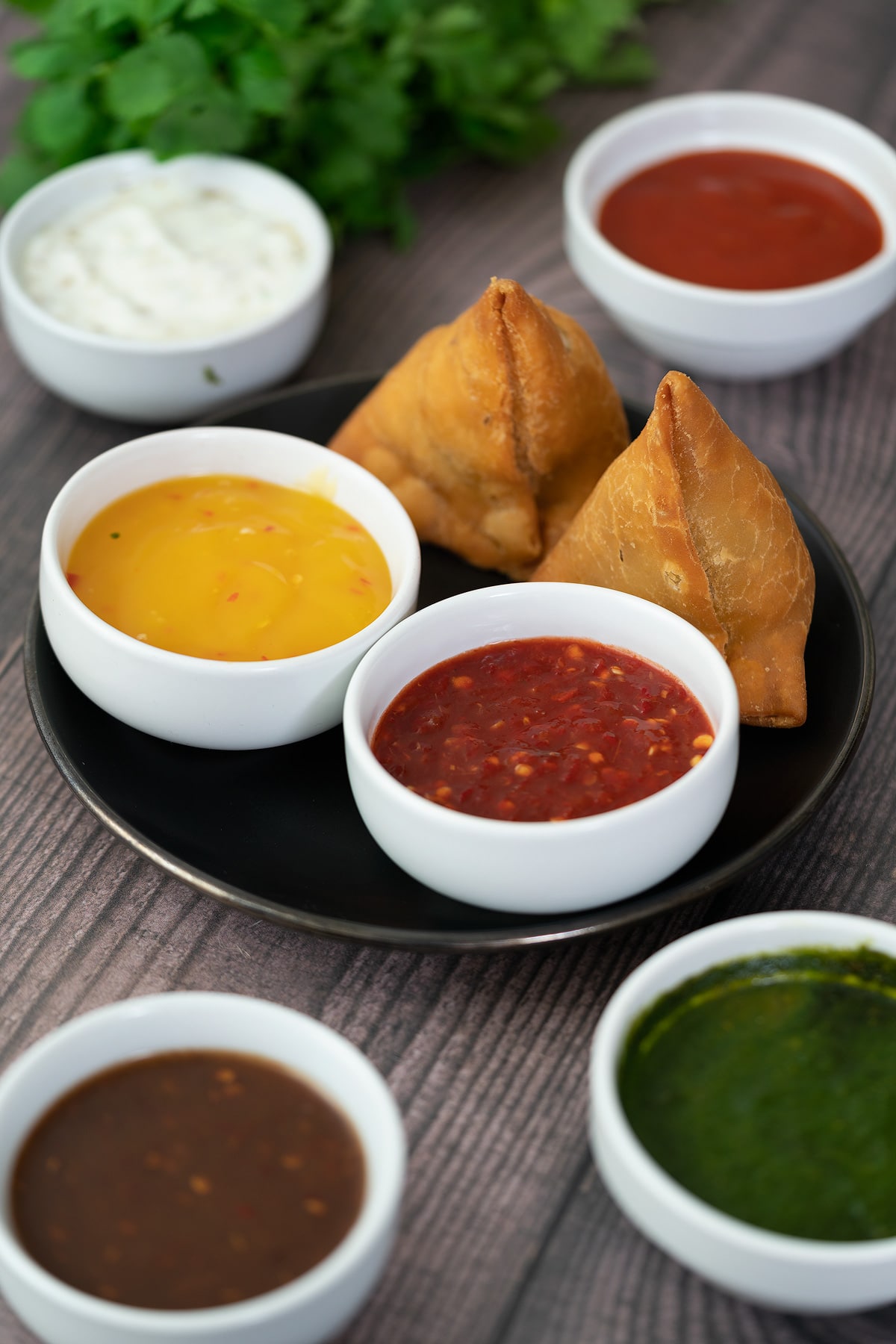 Samosa Dipping Sauces on a table