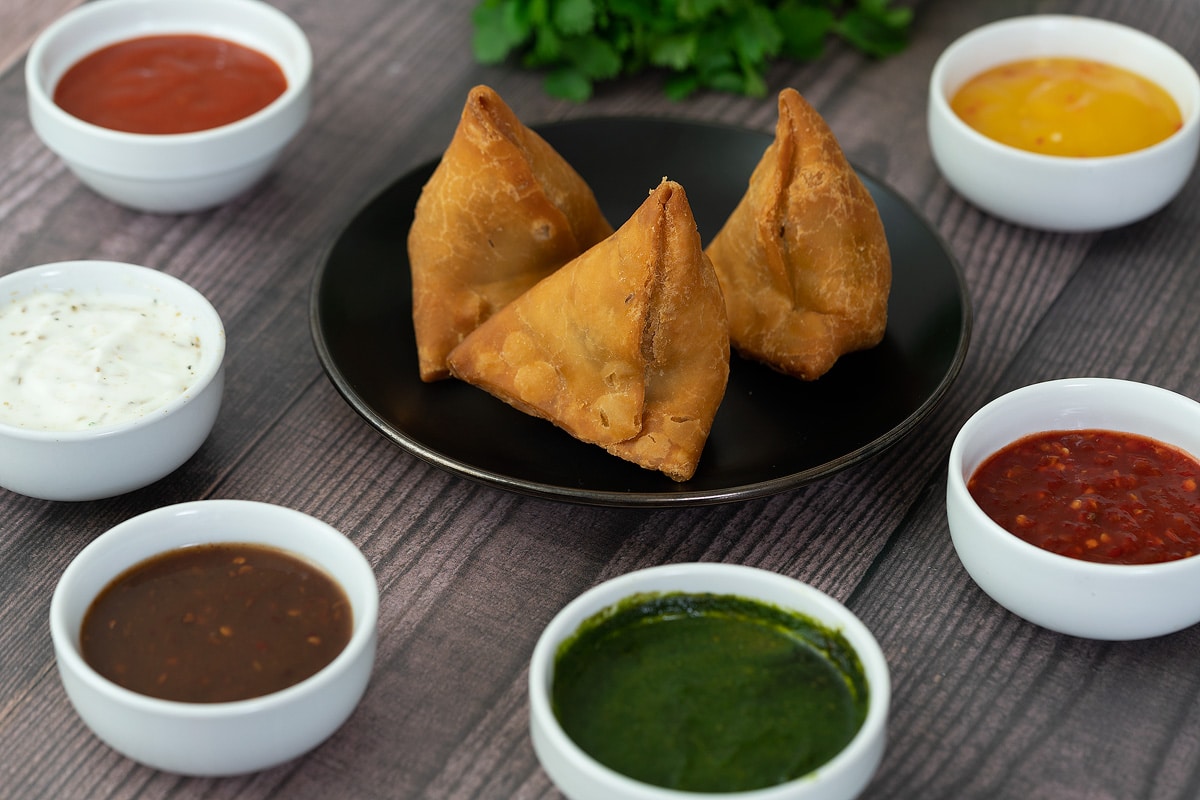 Samosa Dipping Sauces on a table