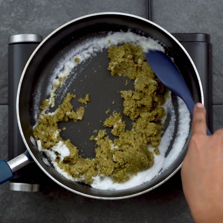 sautéing green curry paste in coconut milk