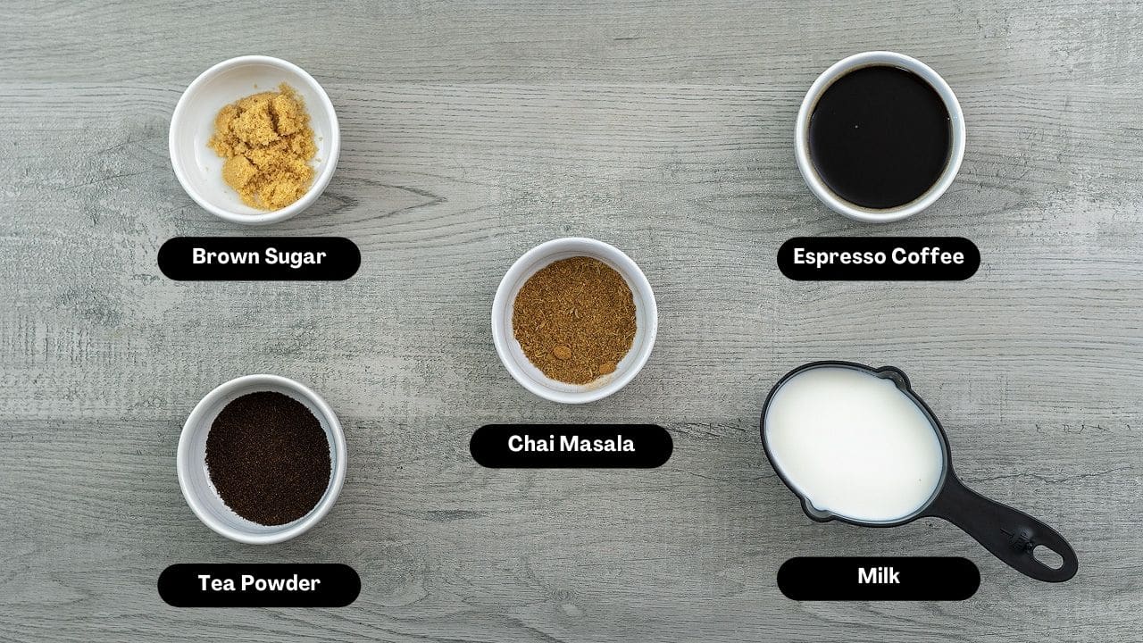 Dirty Chai Latte Ingredients placed on a table.