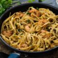 Garlic Butter Shrimp Pasta in a pan