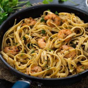 Garlic Butter Shrimp Pasta in a pan