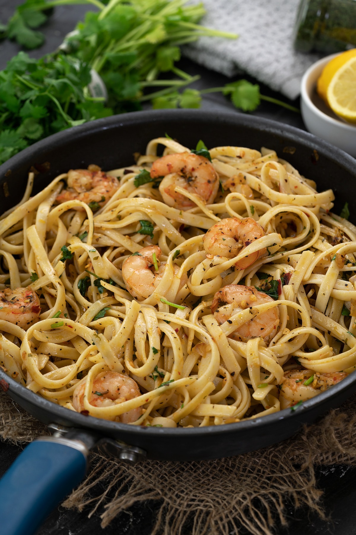 Garlic Butter Shrimp Pasta in a pan