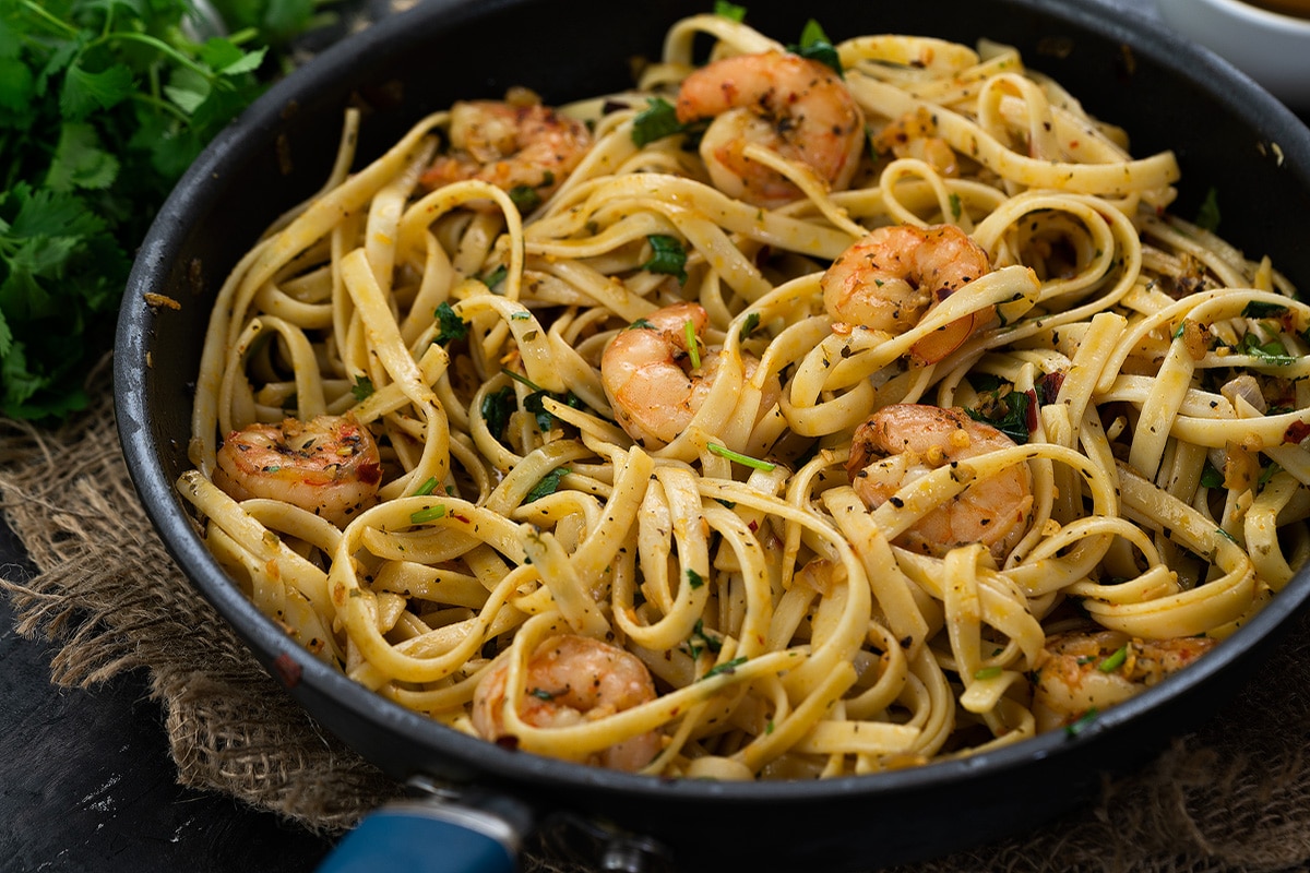 Garlic Butter Shrimp Pasta in a pan