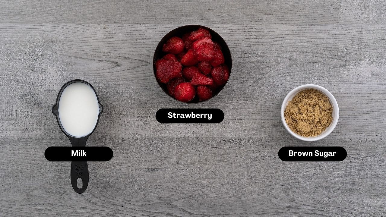 Strawberry Milk Ingredients placed on a table.