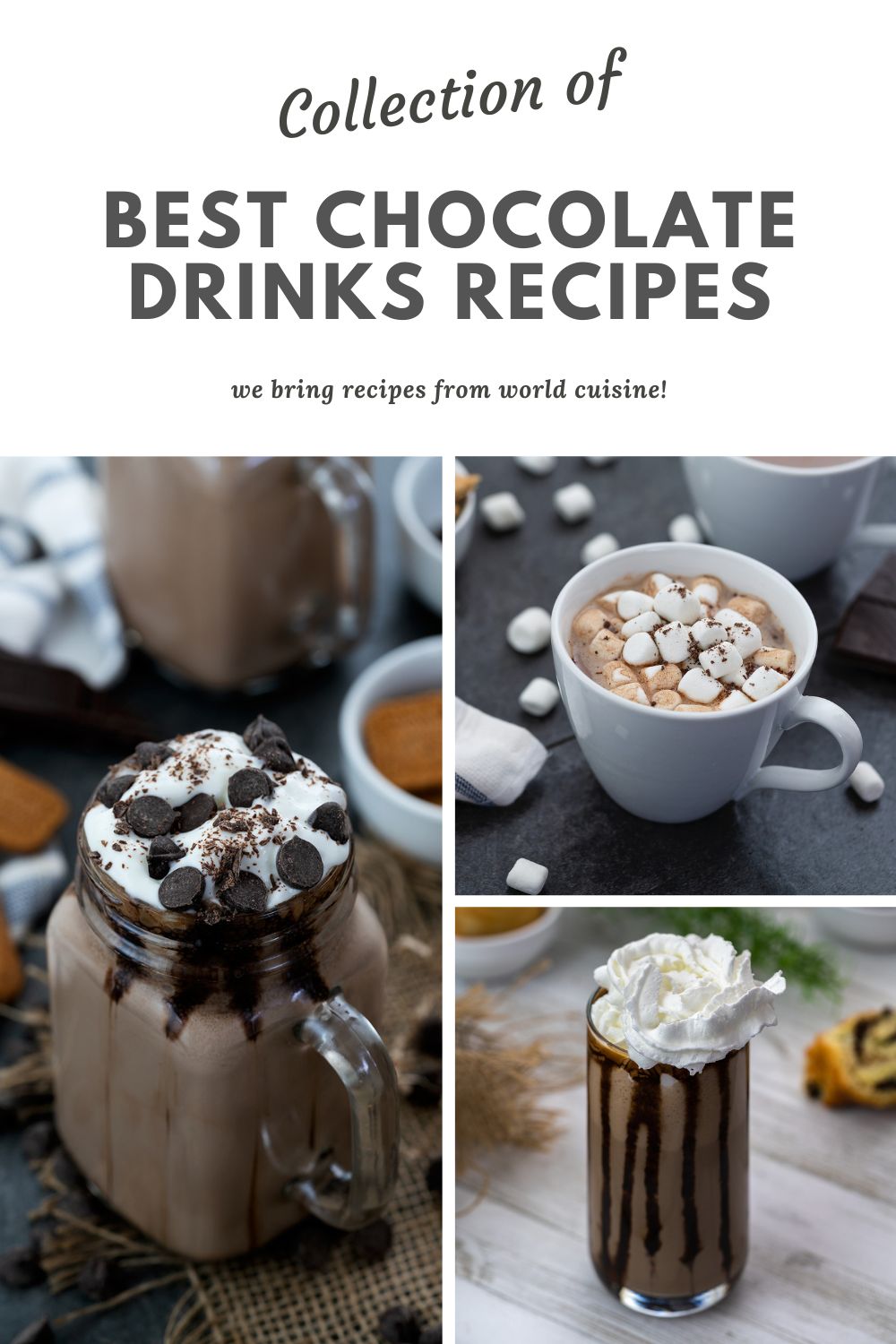 Image collage of chocolate drinks served in cup and glasses.