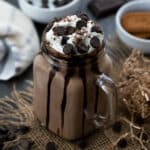 Frozen Hot Chocolate served in a mug topped with whipped cream and chocolate chip.