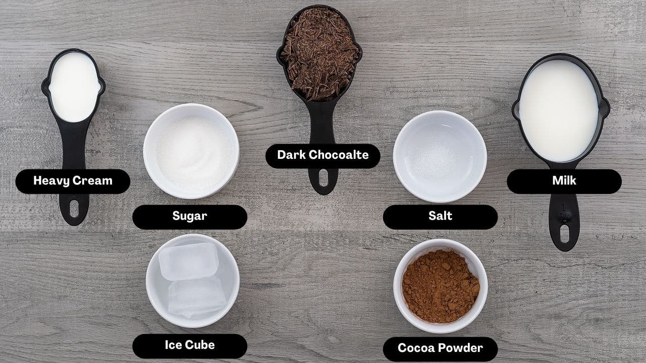 Frozen Hot Chocolate Ingredients on a table.