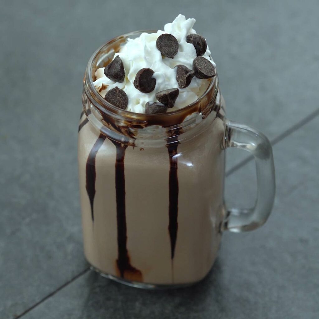 Frozen Hot Chocolate with whipped cream and chocolate chips.