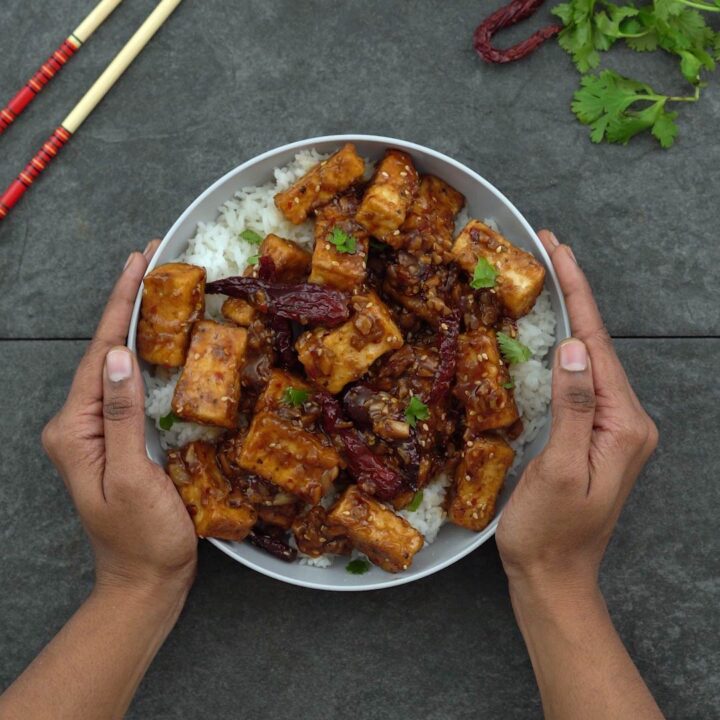 serving general Tso tofu in a bowl