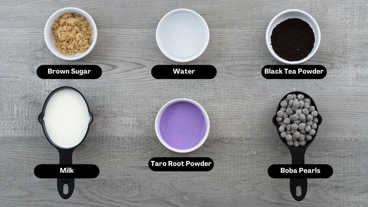 Taro Milk Tea Ingredients on a table.
