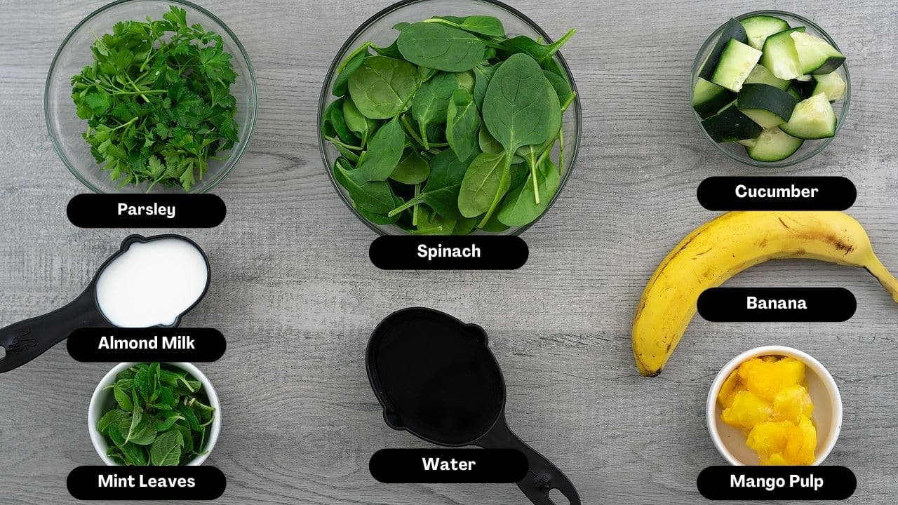 Green Smoothie Ingredients on a table.