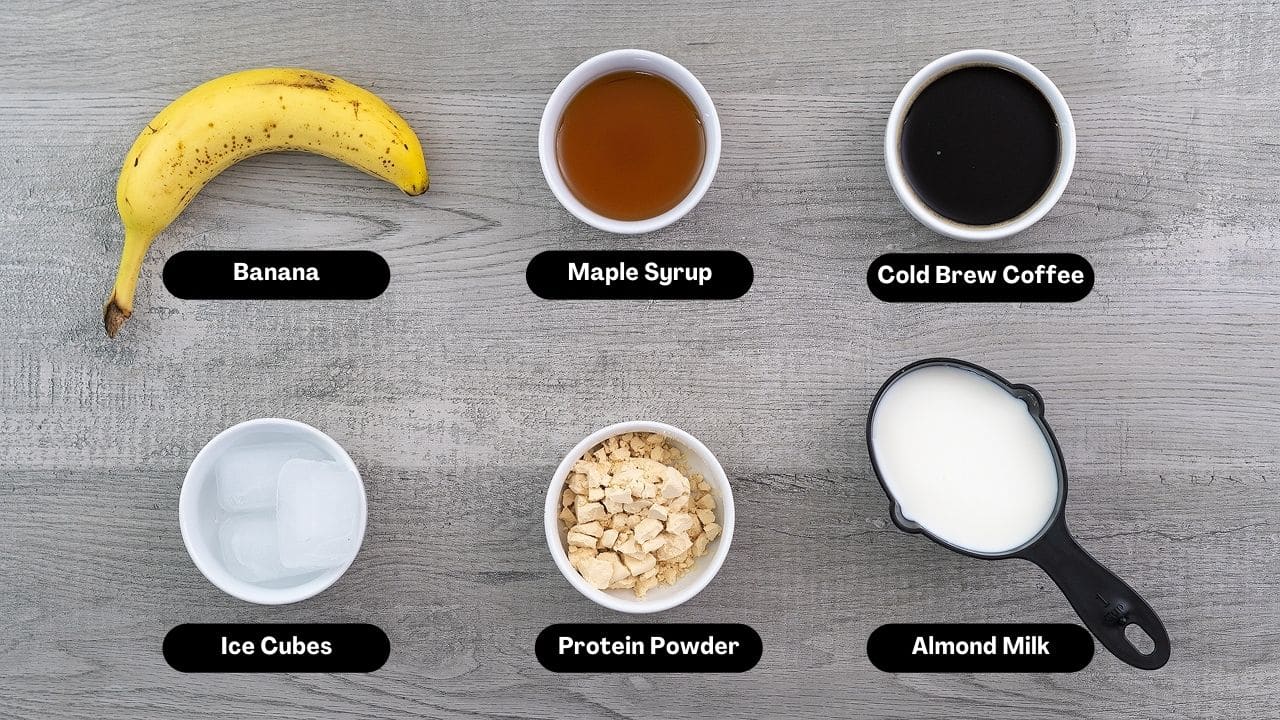 Iced Coffee Protein Shake Ingredients on a table.