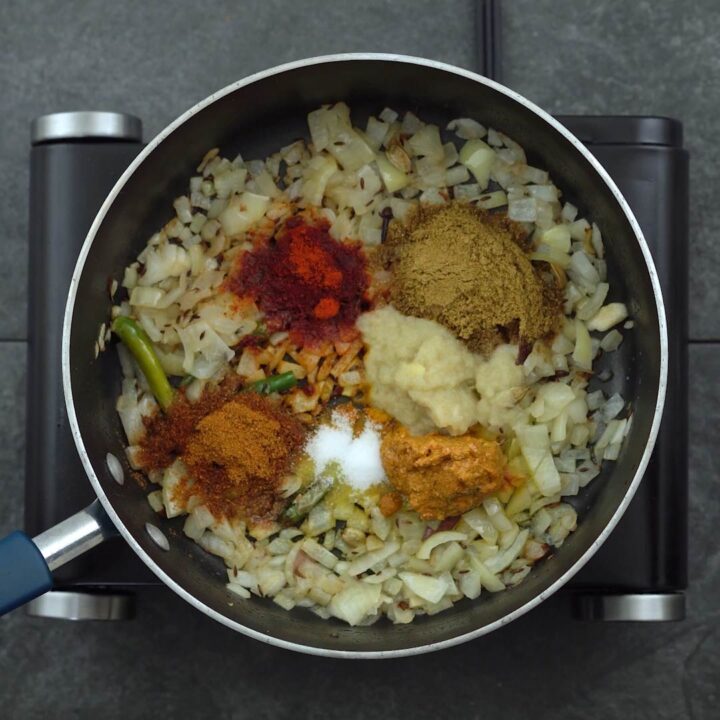 Spice powder and onions in a pan