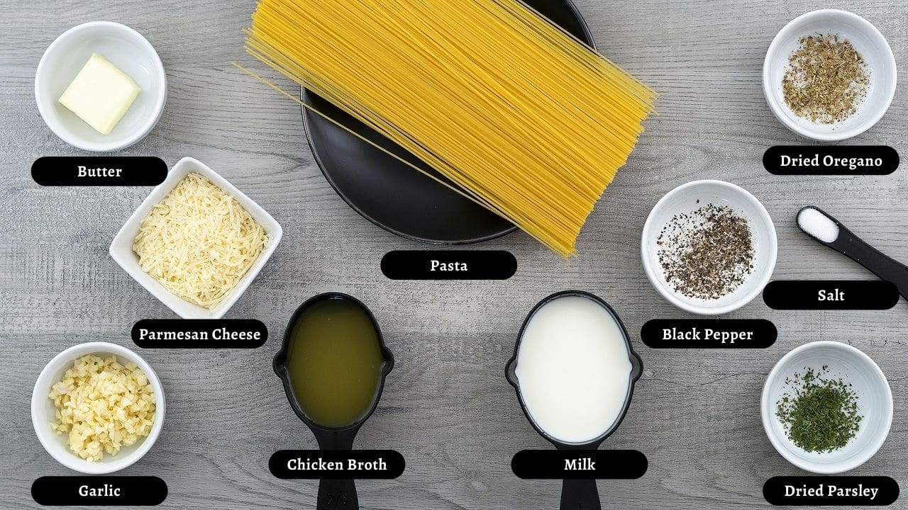 Garlic Parmesan Pasta Ingredients on a table