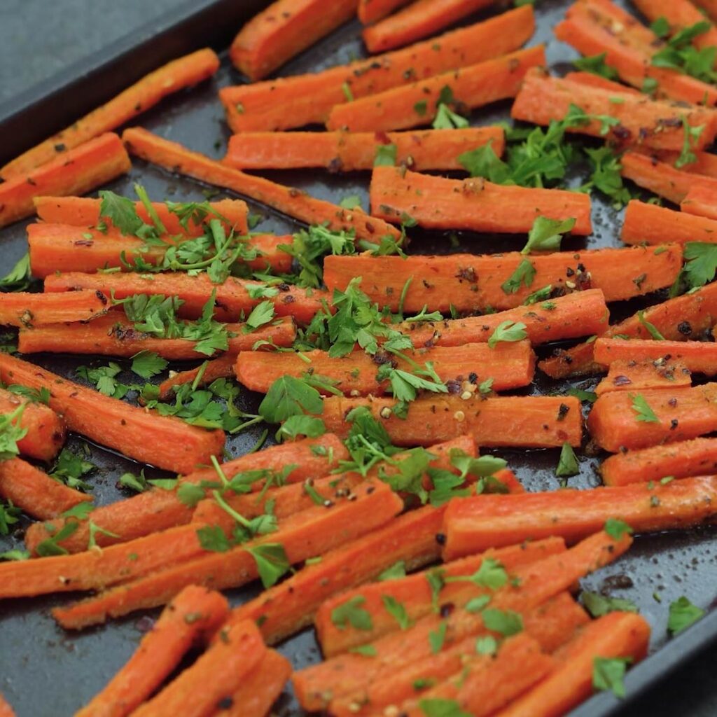 Oven roasted carrots in a baking tray