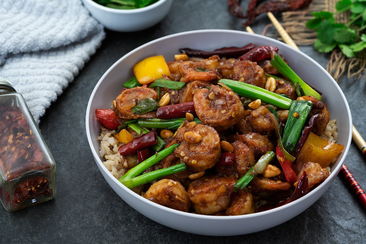 Kung Pao Shrimp in a serving bowl