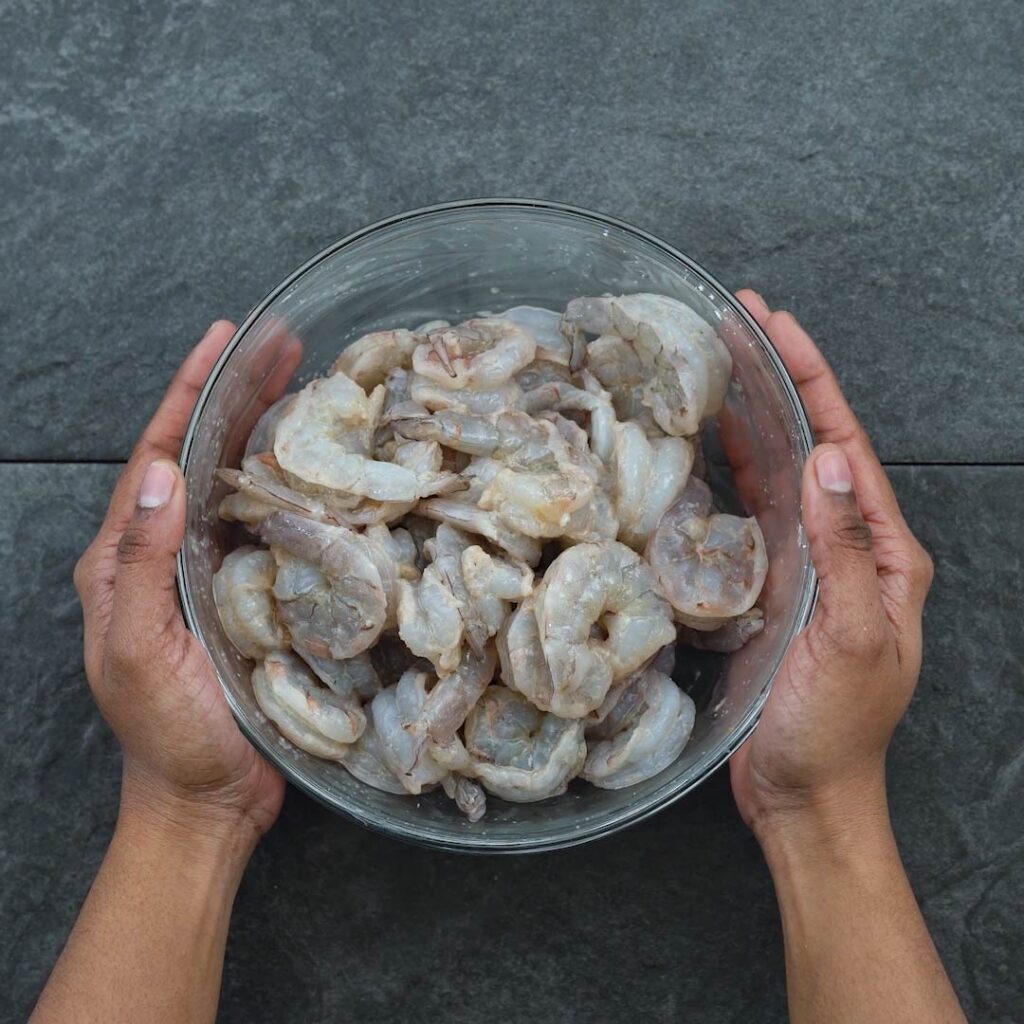 Marinated Shrimp in a glass bowl