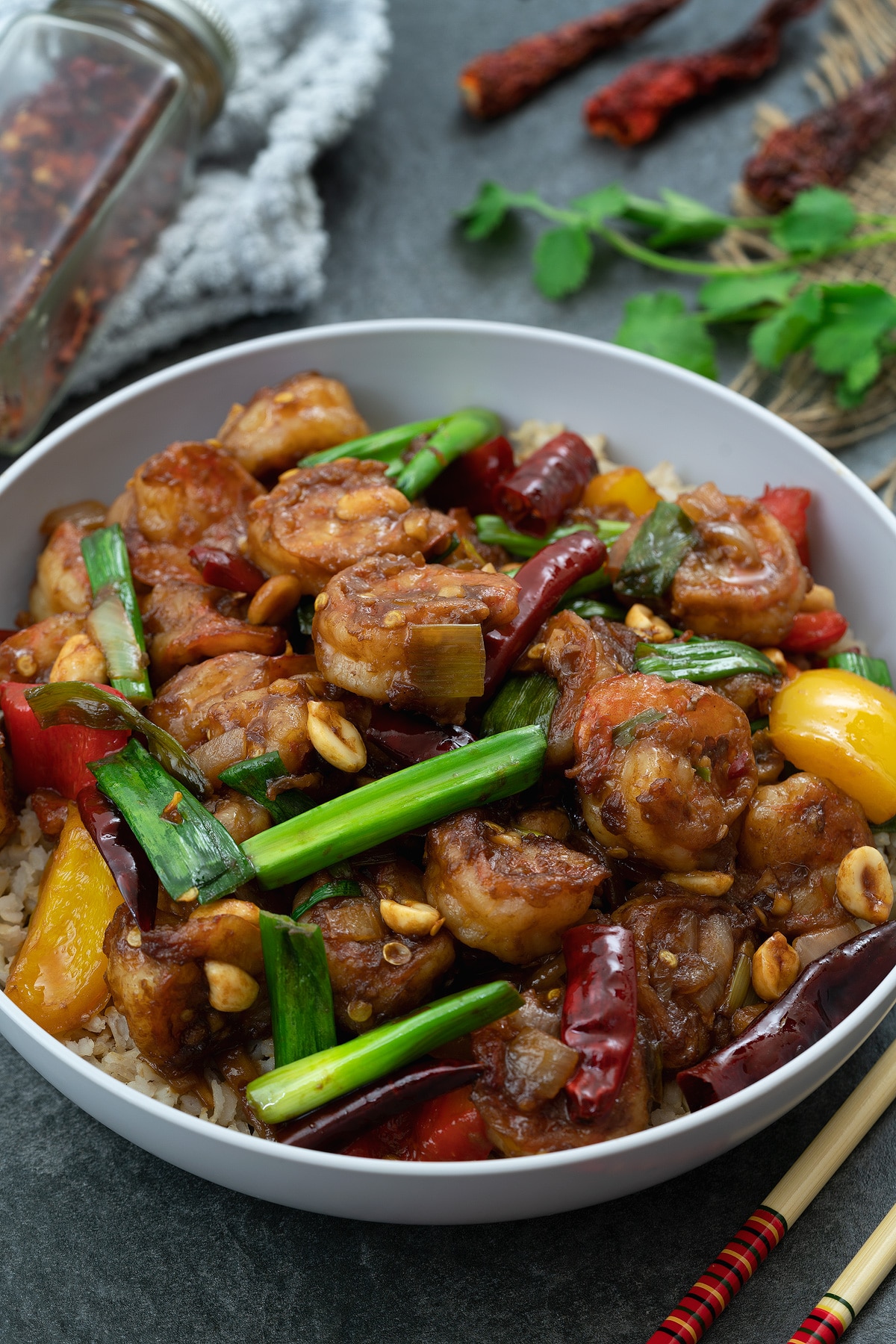 Kung Pao Shrimp in a serving bowl