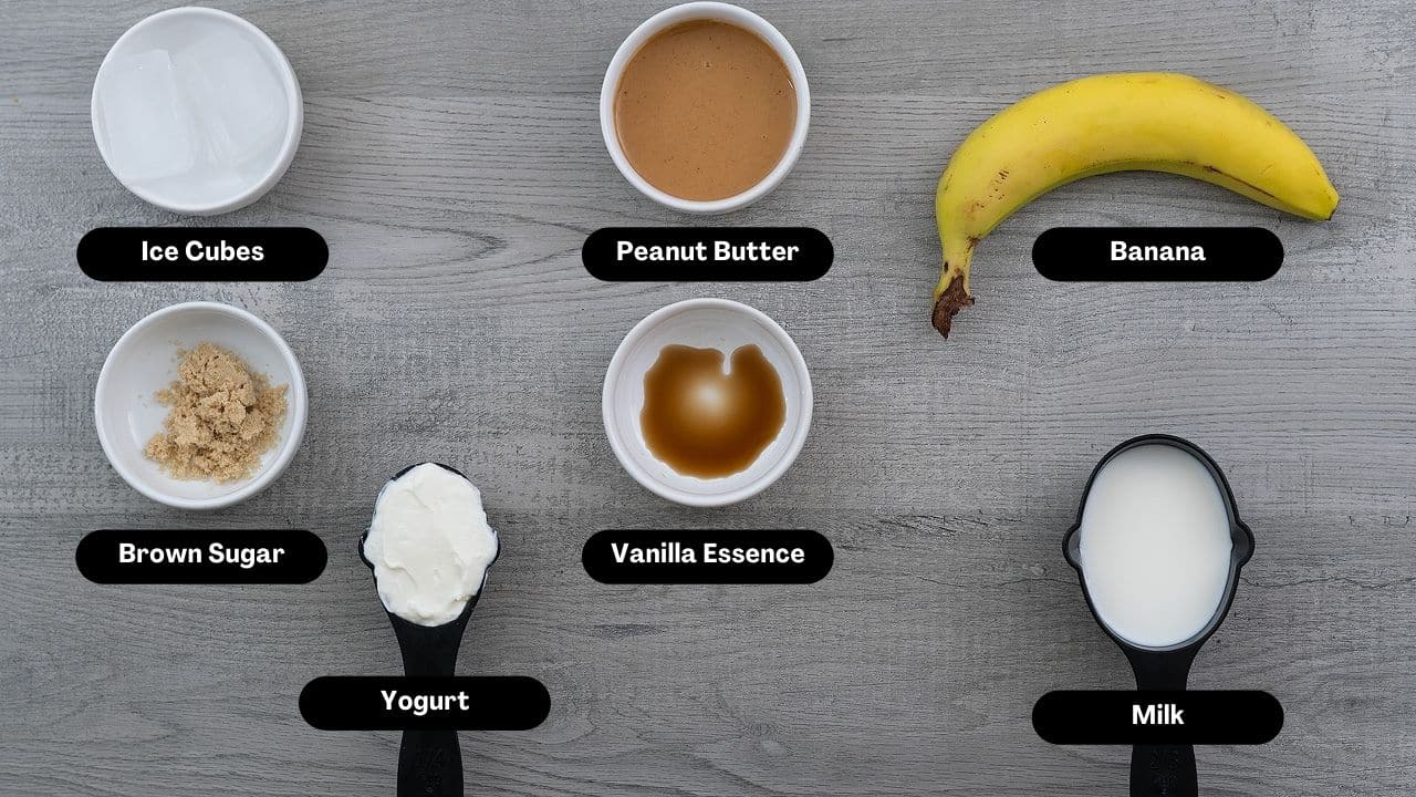 Peanut Butter Banana Smoothie Ingredients placed on a table.