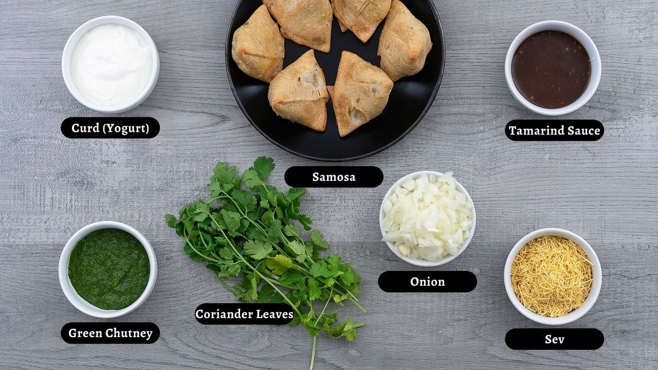 Samosa Chaat Ingredients on a table