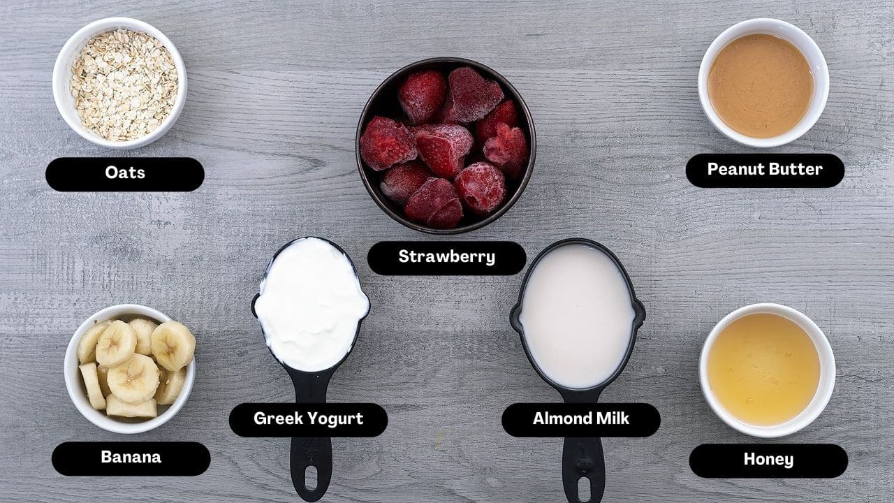 Greek Yogurt Smoothie recipe ingredients on a table.