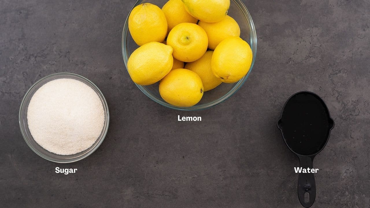 Lemonade recipe ingredients placed on a table.