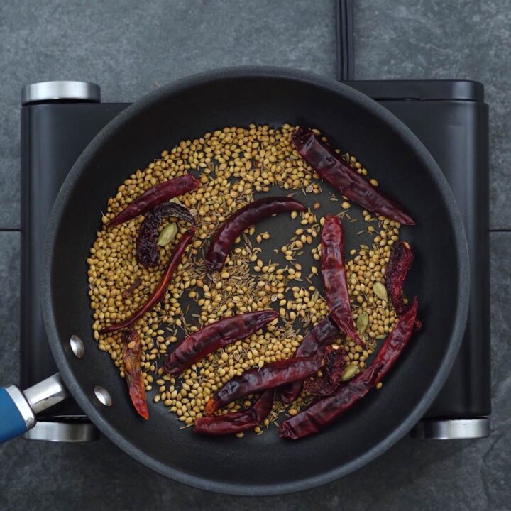 Roasted whole spices in the pan