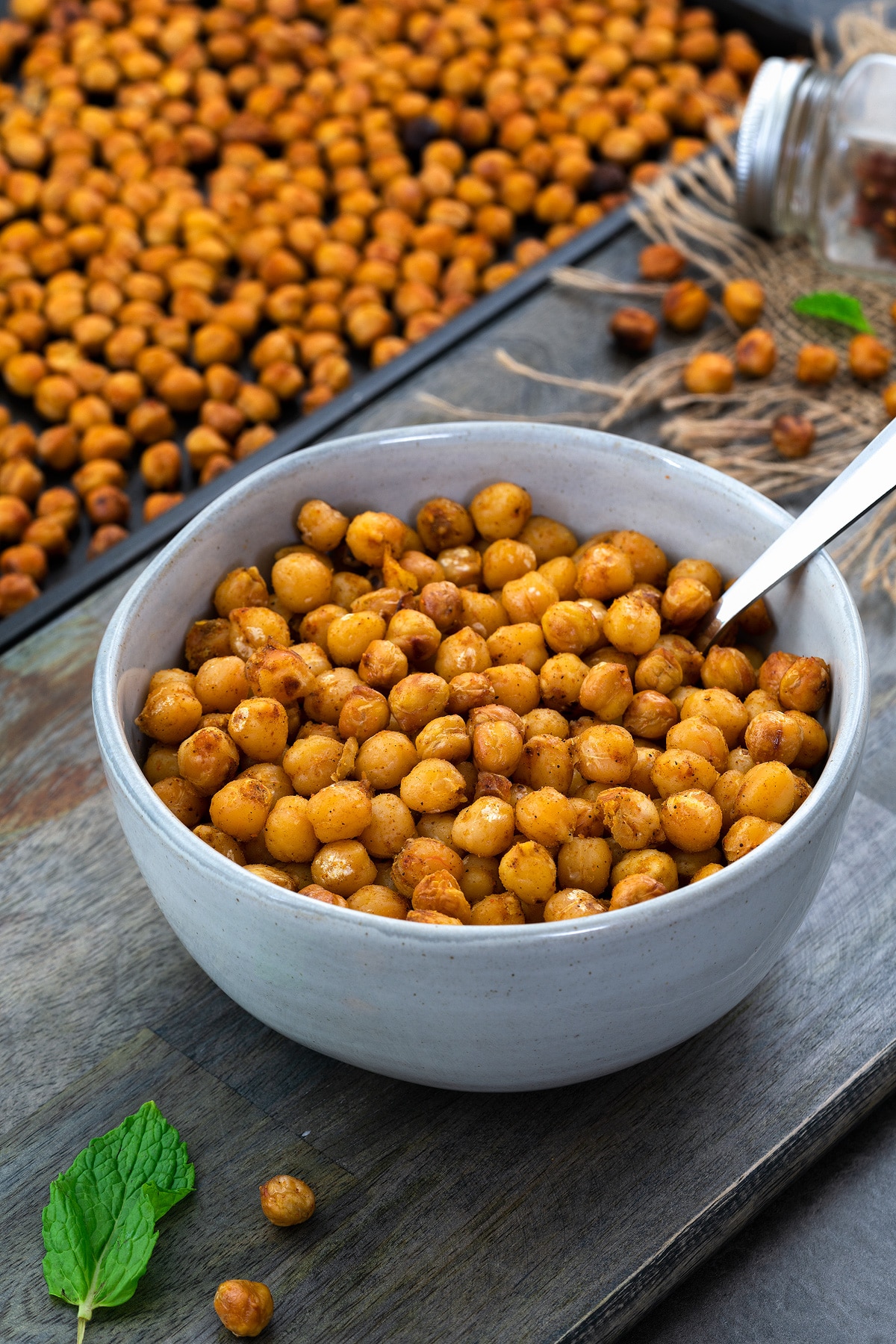 Roasted Chickpeas in a white bowl placed on a table