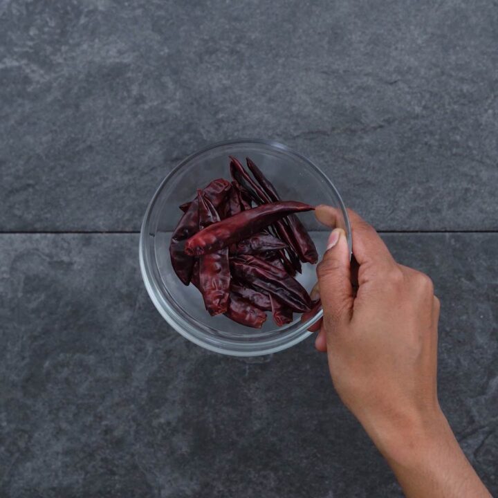 Dry Red Chilies in a glass bowl