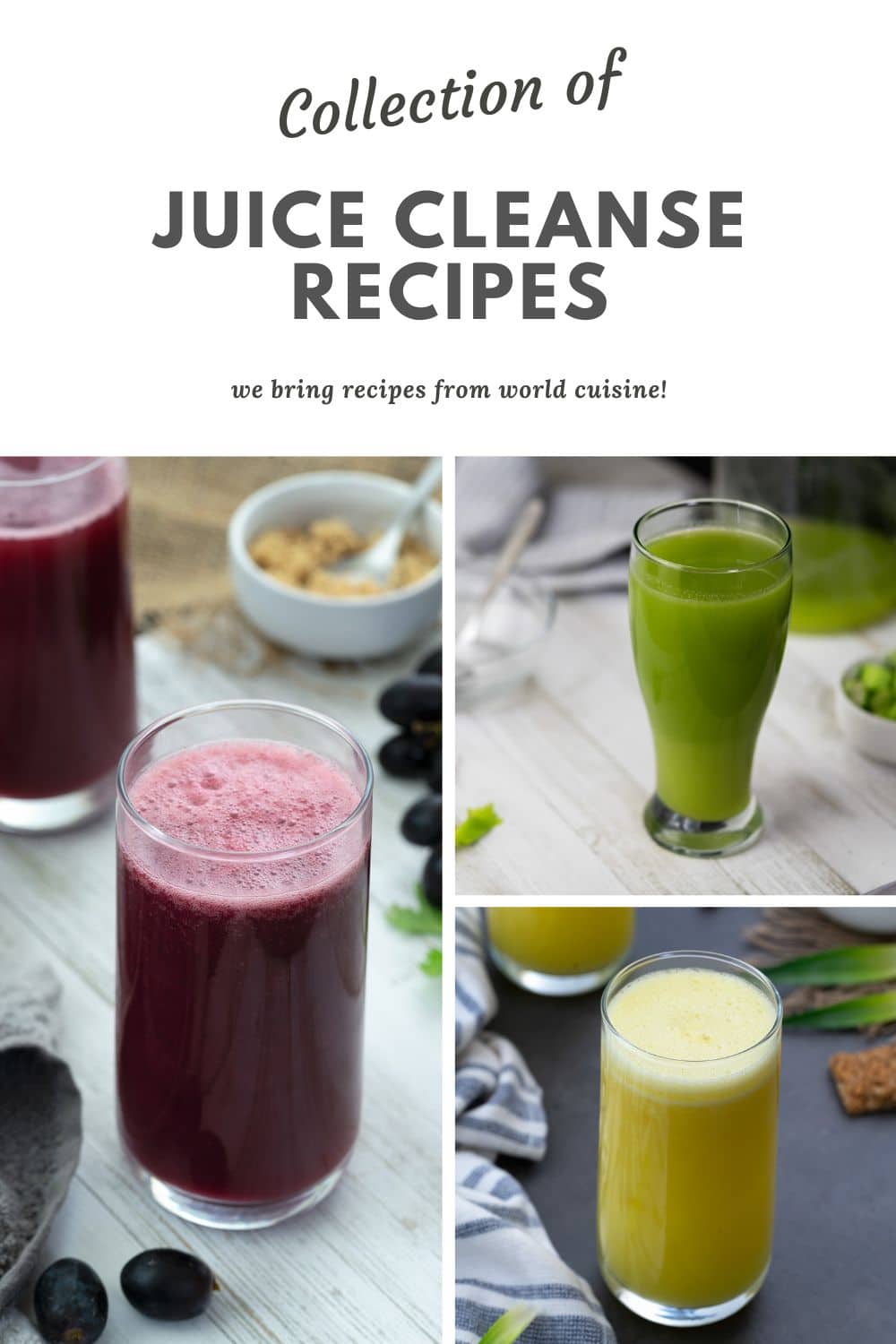Image collage of healthy juice cleanse drinks.