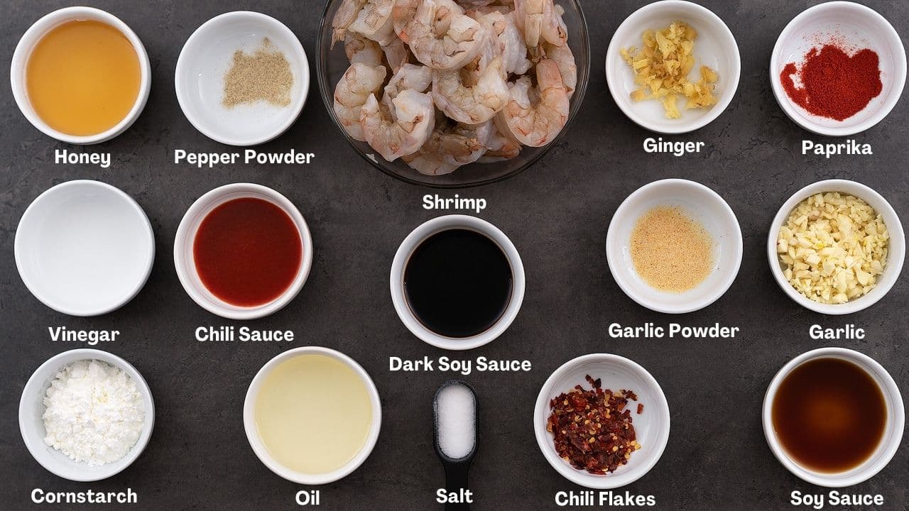 Honey Garlic Shrimp recipe ingredients placed on a grey table