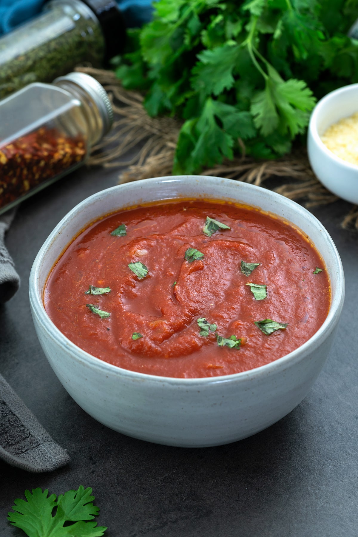 Marinara Sauce in a white bowl placed on a grey table with few ingredients around