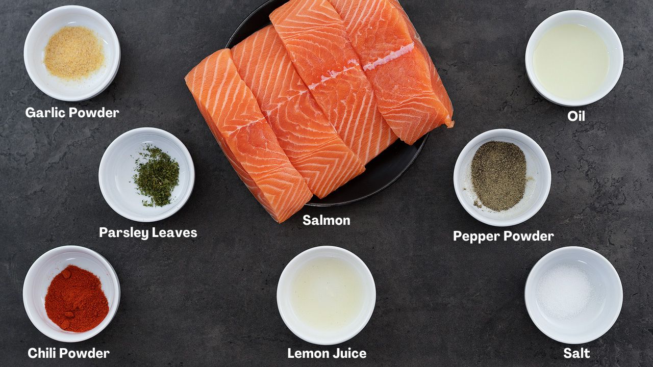Ingredients for Air Fryer Salmon placed on a grey table.