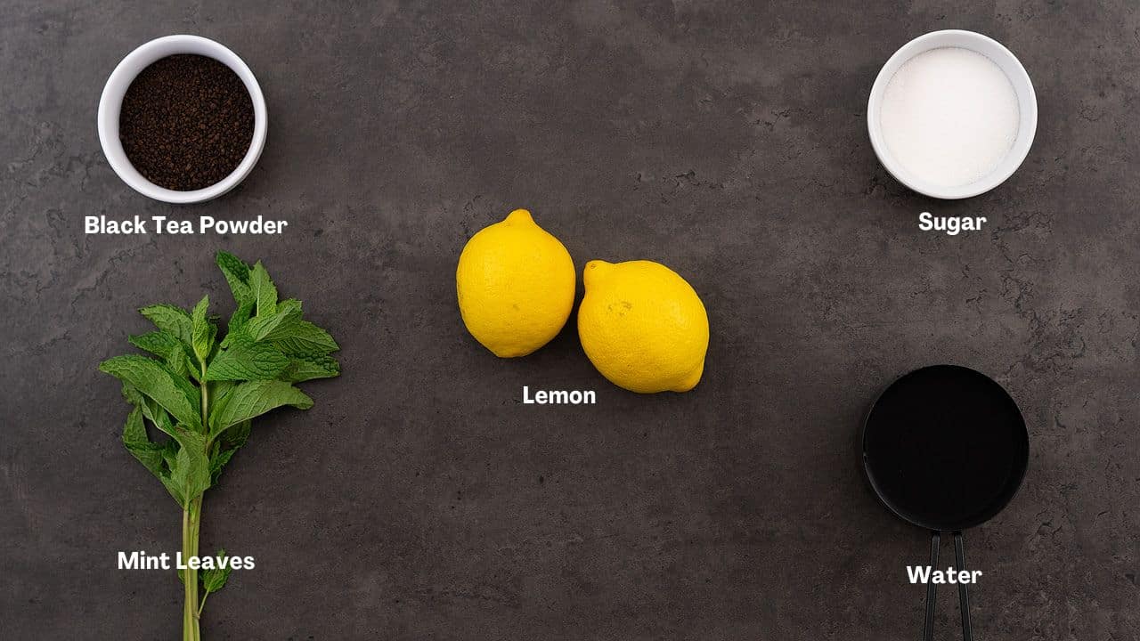 Arnold Palmer Drink ingredients placed on a grey table.