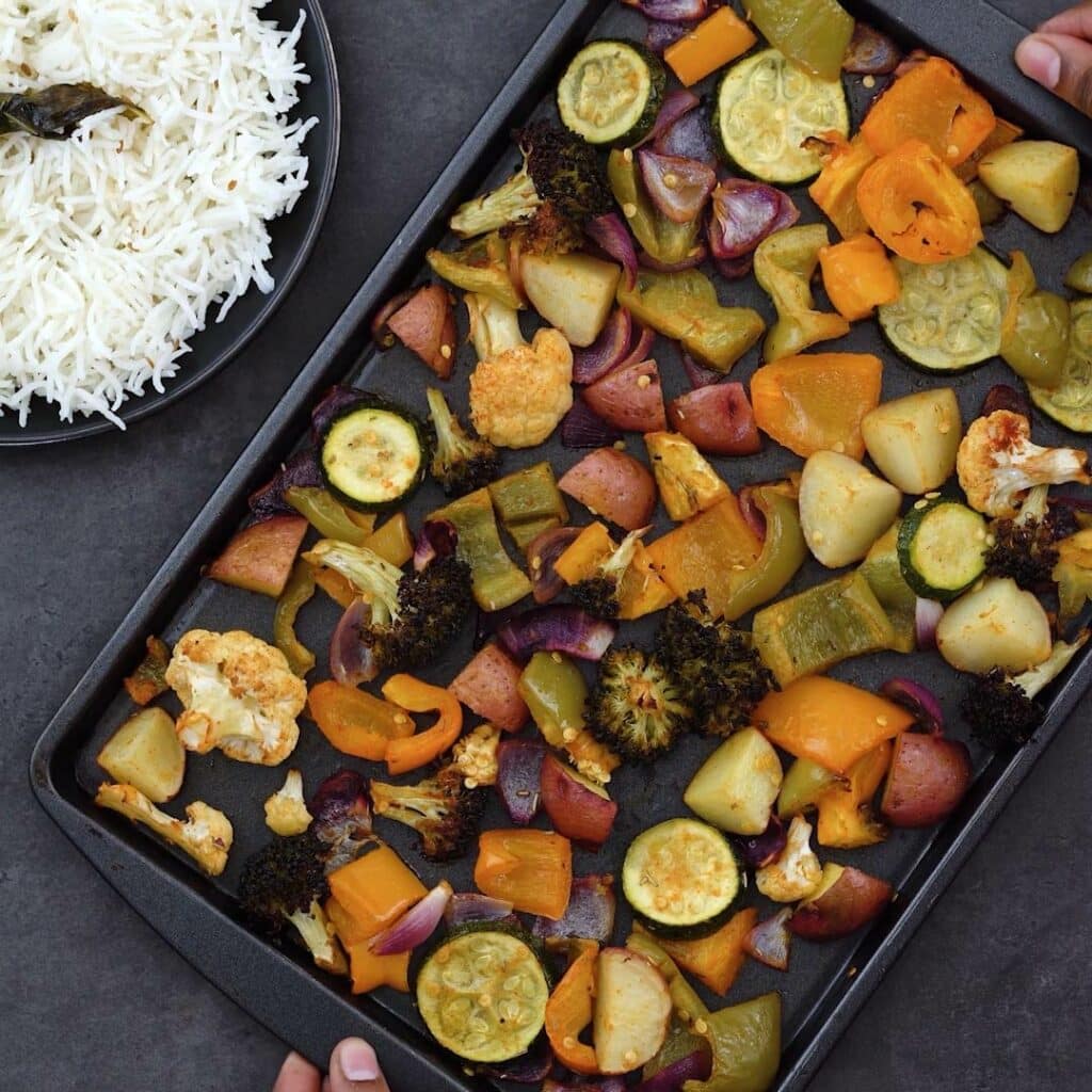 Serving Oven roasted vegetables in a tray
