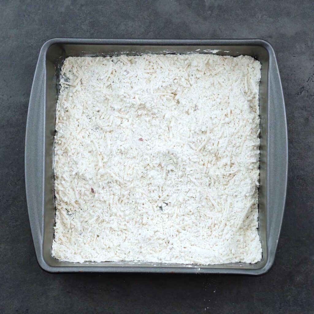 Breading mixture in a shallow tray.