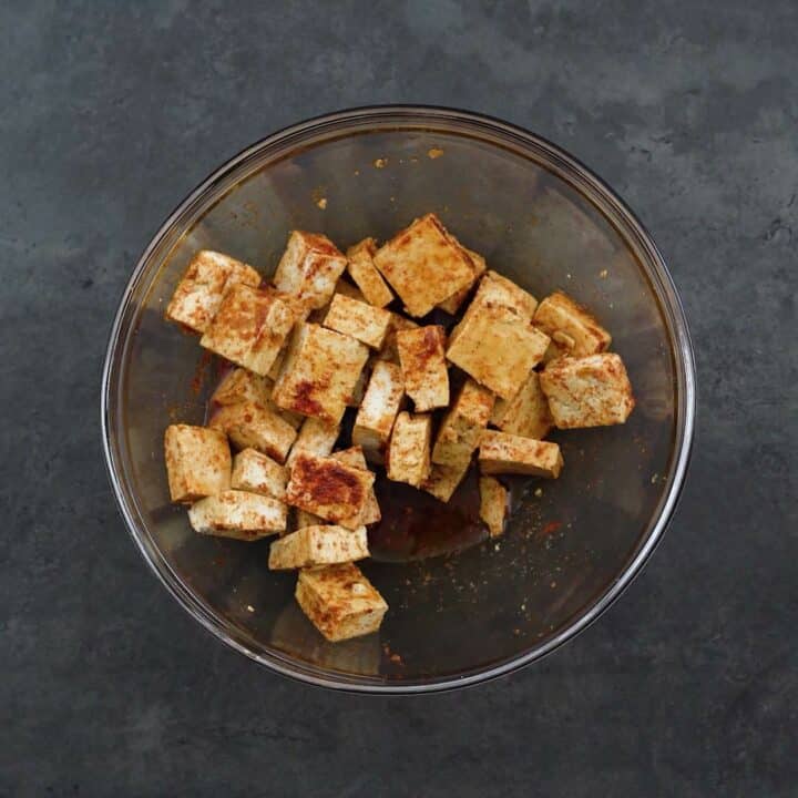 Marinated Tofu in a glass bowl.