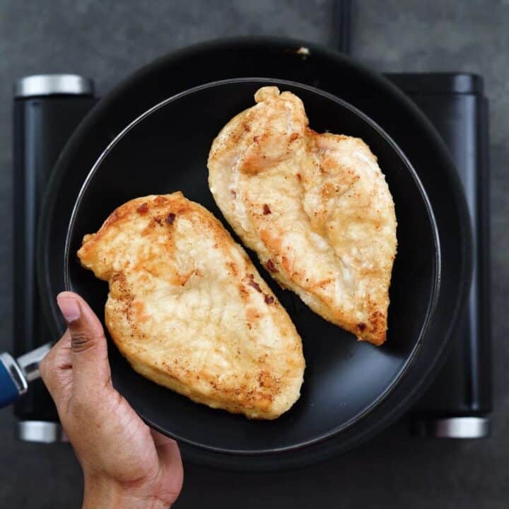 Showing fried chicken breast.