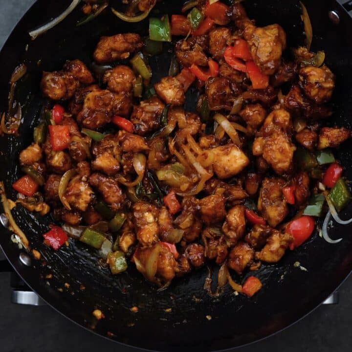 Chilli Chicken in a wok.