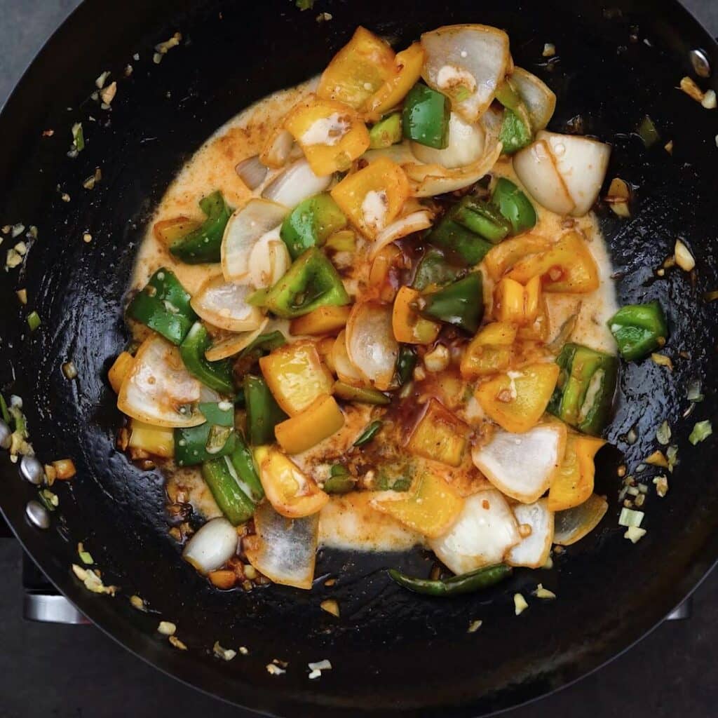 Stir fried veggies with sauces and cornstarch slurry.