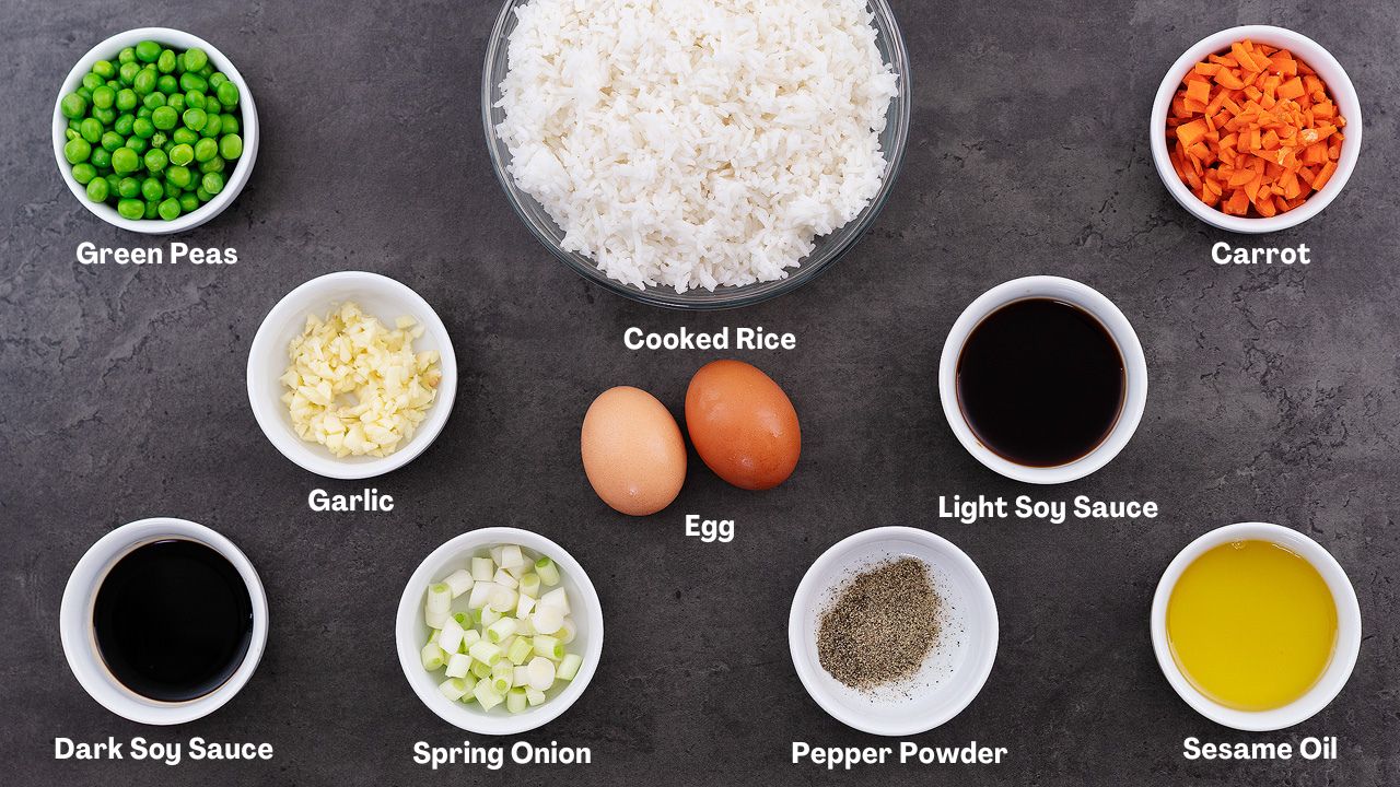 Fried Rice recipe ingredients on a grey table.