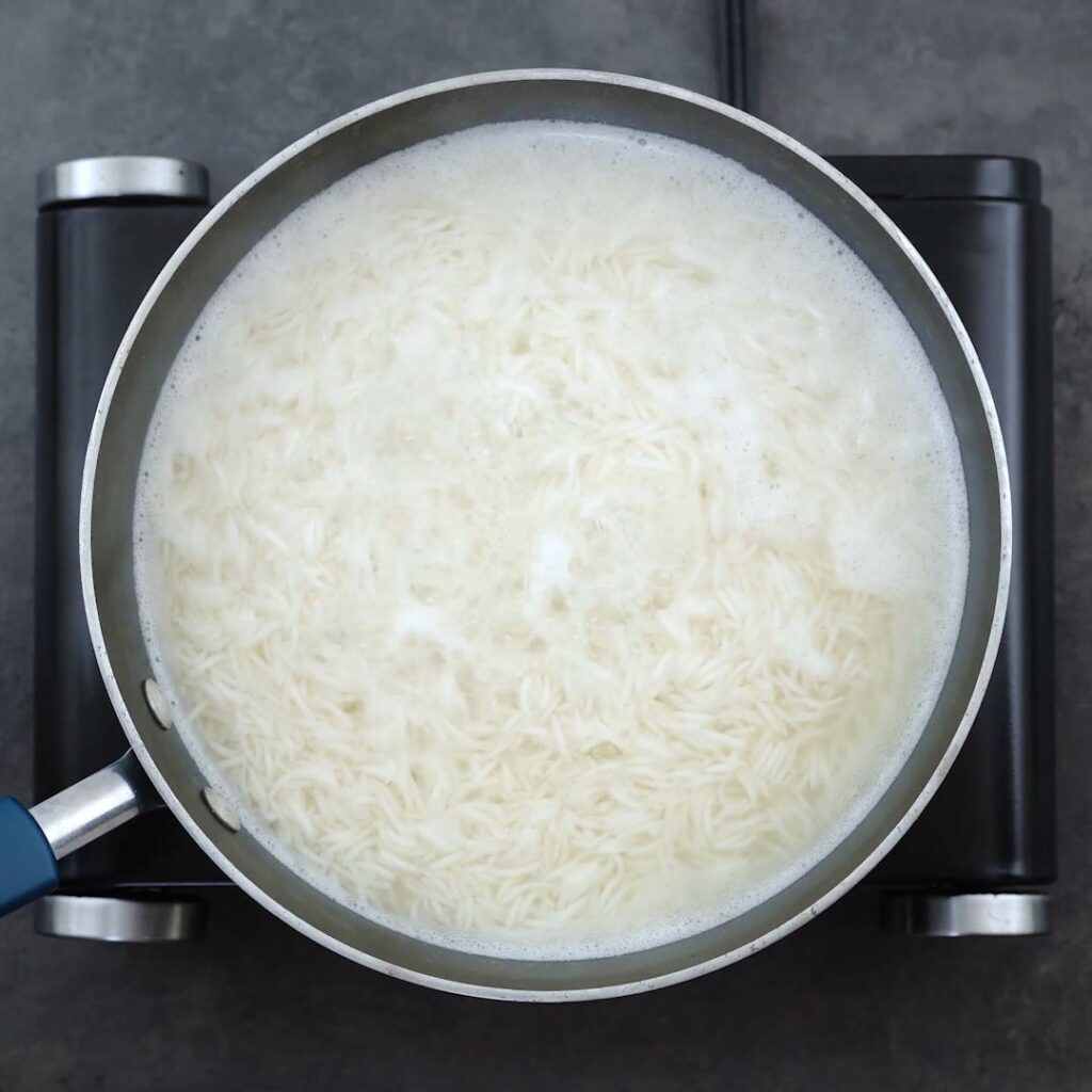 Basmati Rice cooking in a pot.