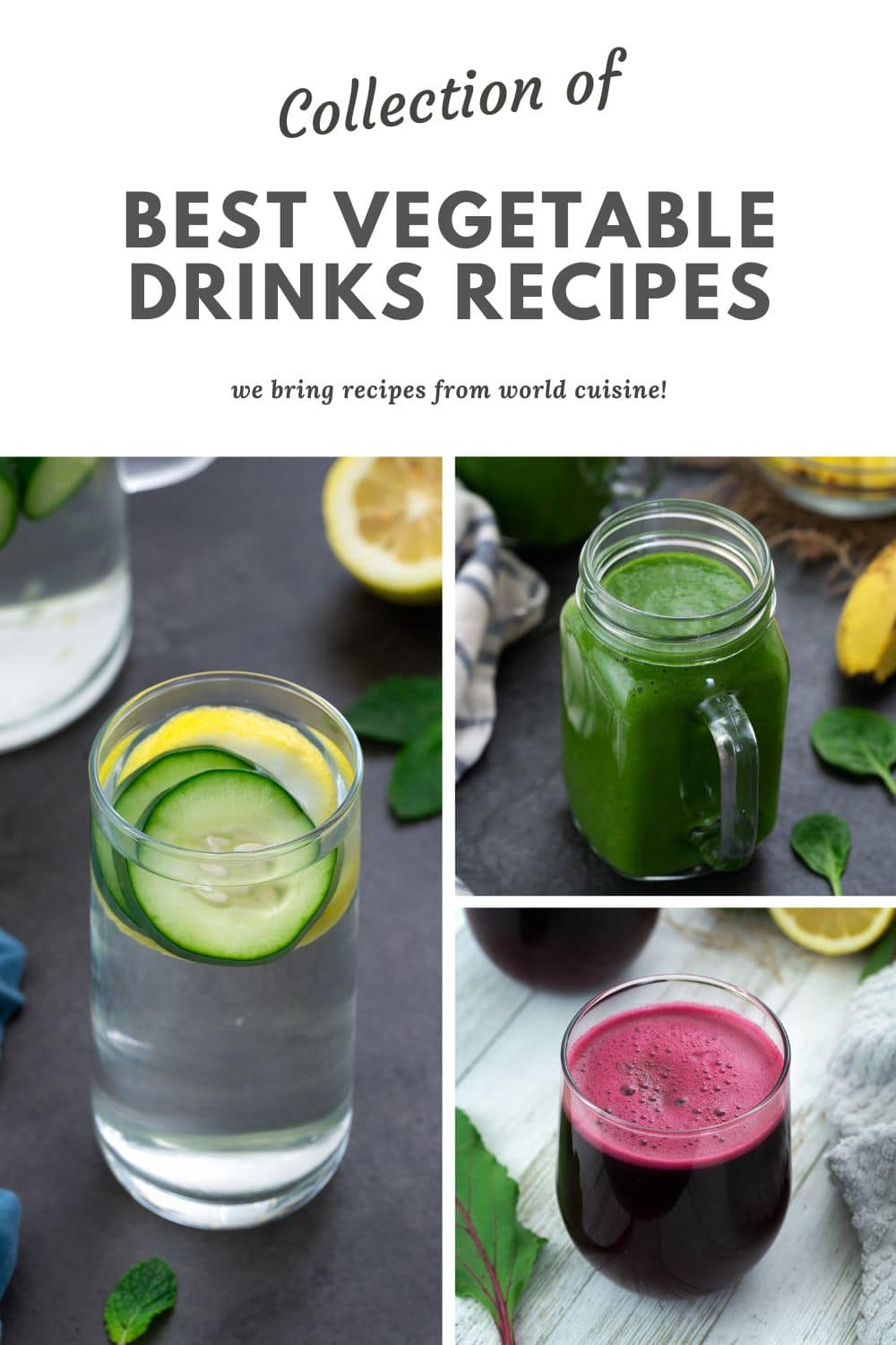 Image collage of vegetable drinks in different shape of glasses.