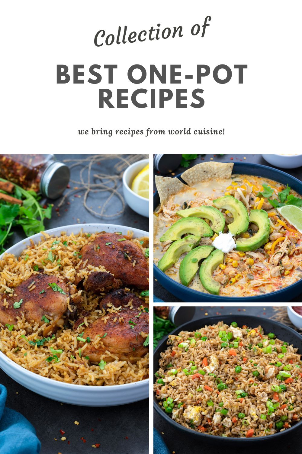 Image collage of one pot meals in different bowls.