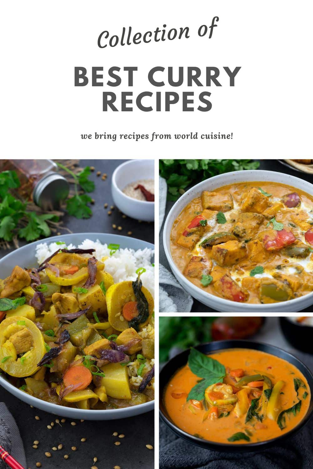 Image collage of curry dishes in bowls.