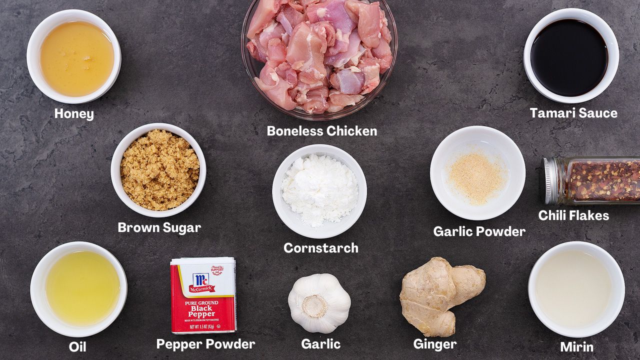 Teriyaki Chicken recipe ingredients placed on a grey table.